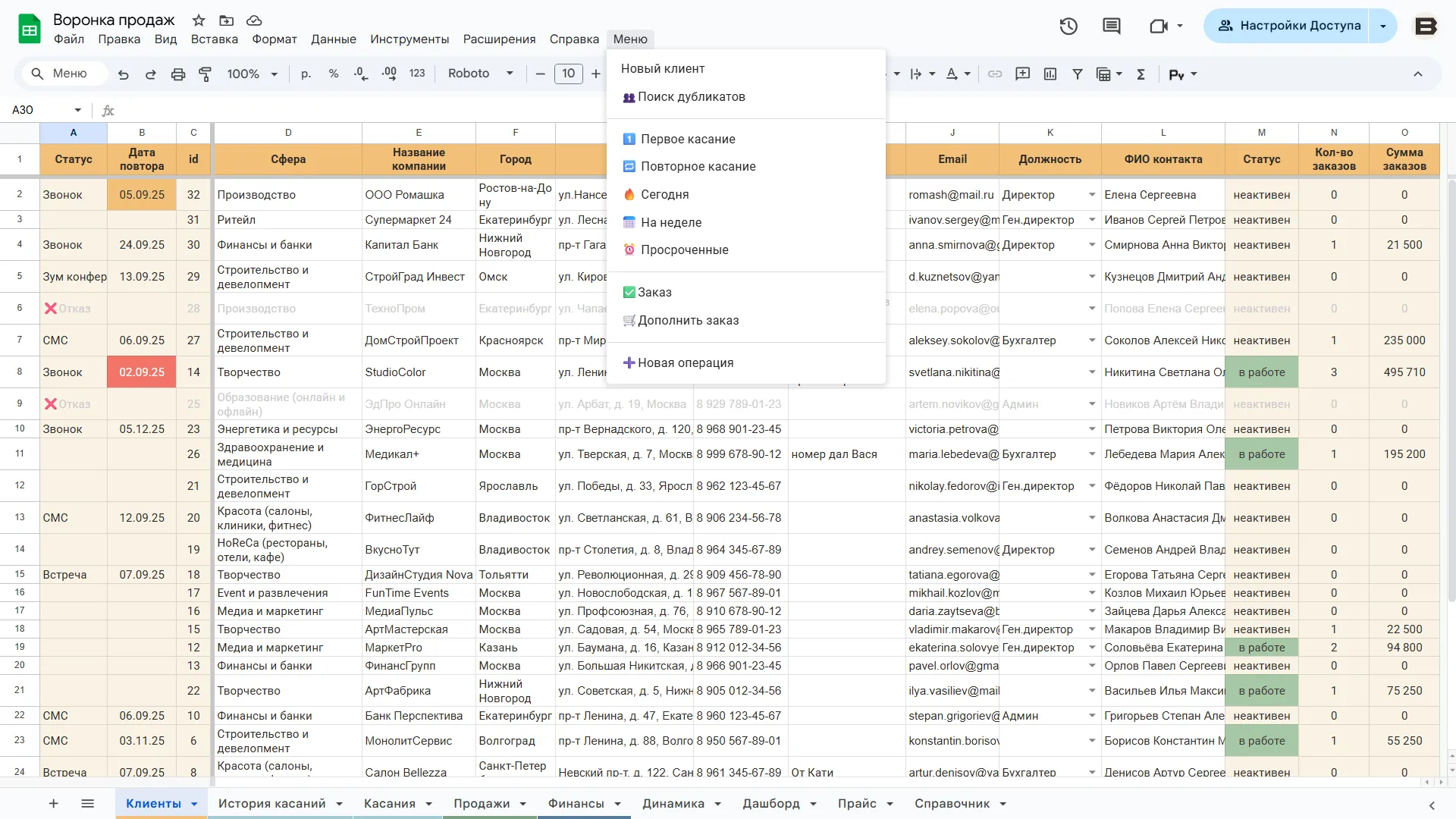 CRM и воронка продаж в Google Таблицах