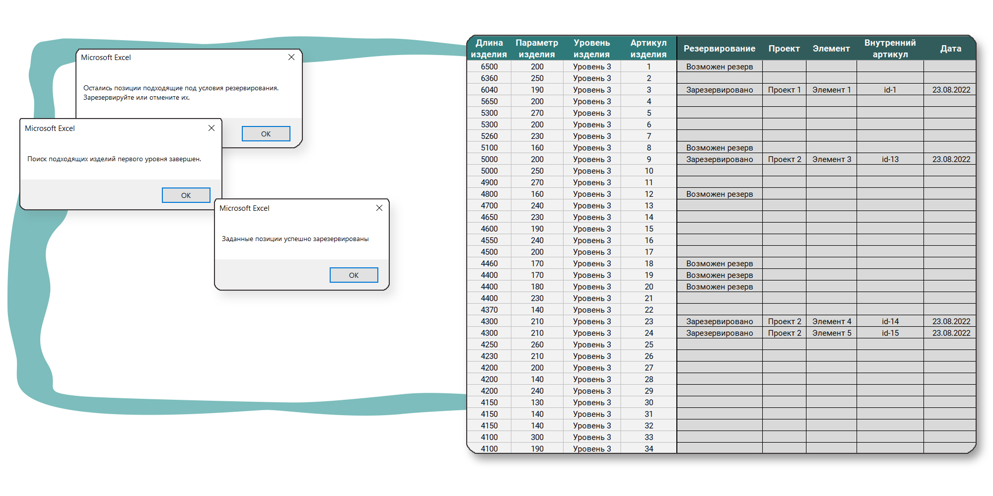 Автоматический подбор товаров по параметрам с учетом отходов в Excel пример 2